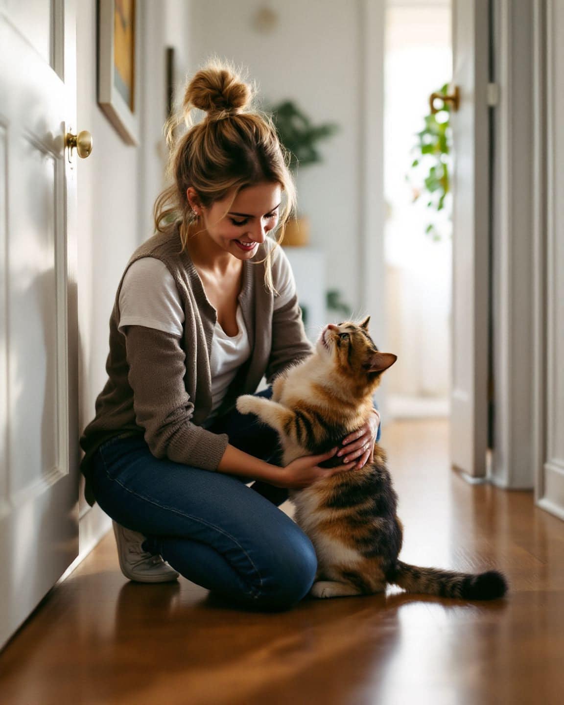 A pet sitter kneels to pet a cat in a hallway.