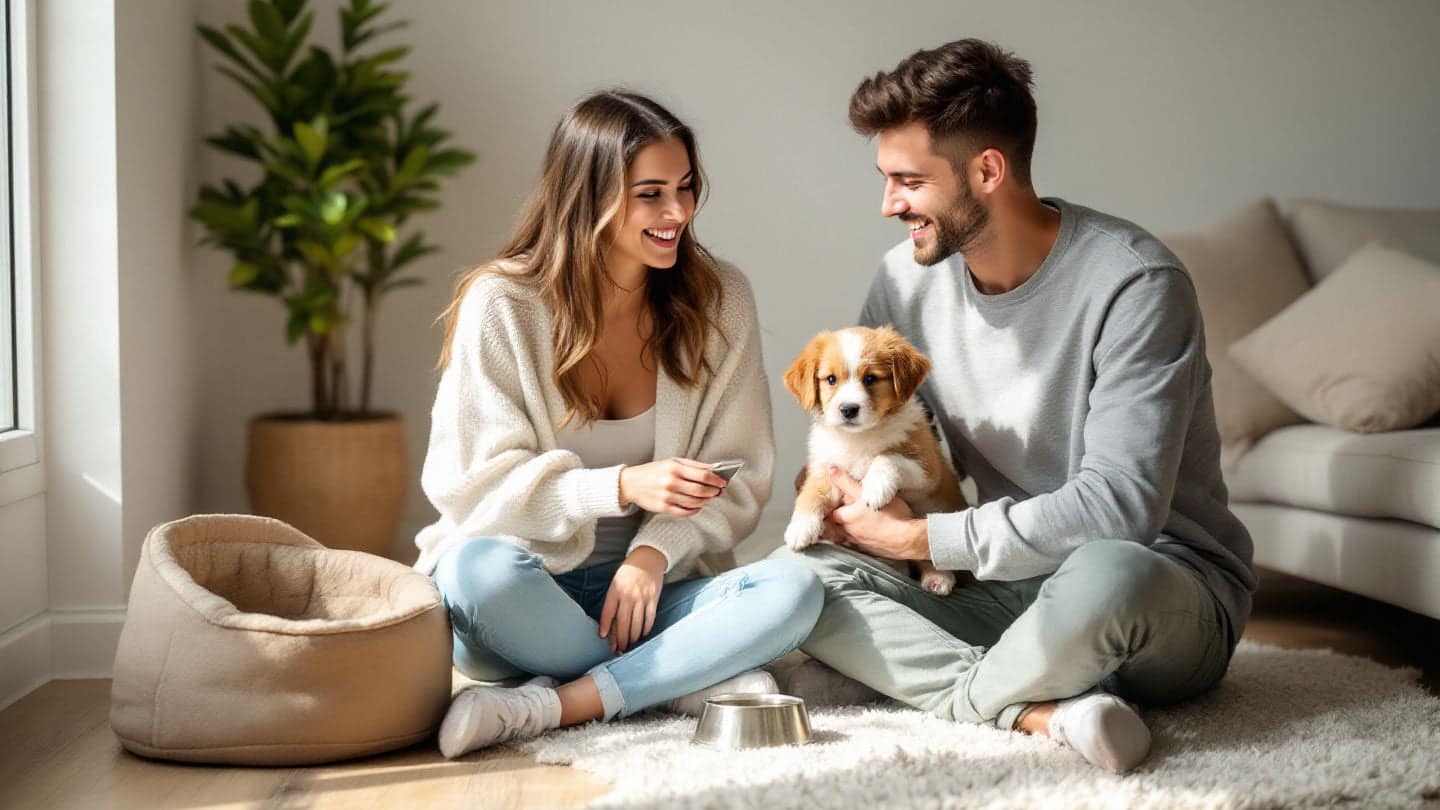 A young couple sits on their apartment floor with a new puppy.