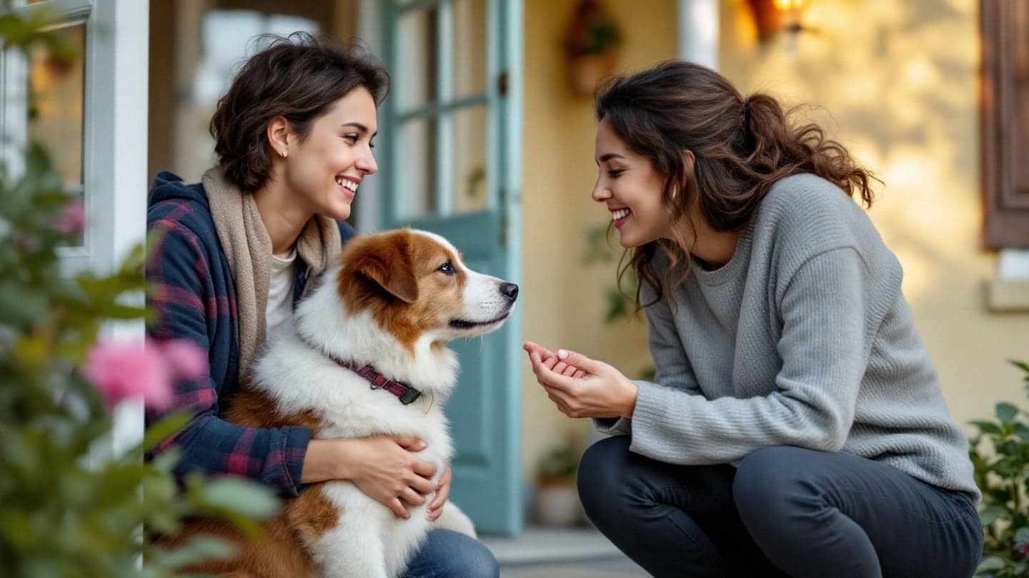 A pet sitter meets a family and their dog at the front door.